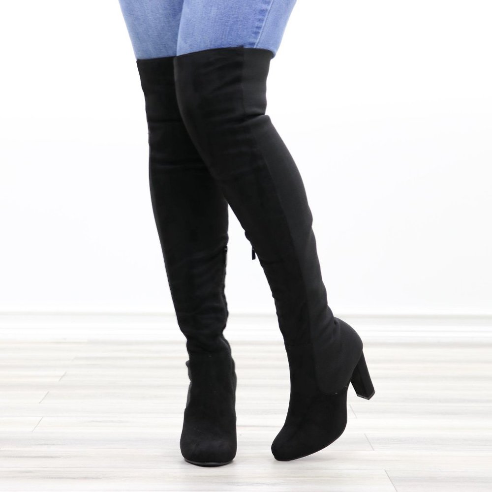 Faux Suede & Stretchy Material Thigh High Boots - Picture 9 of 13